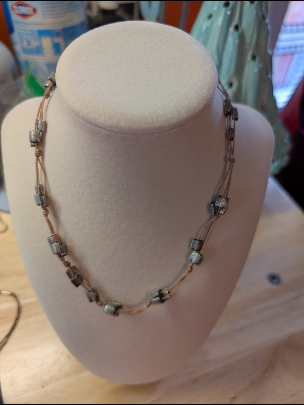 Handcrafted Silver-Tone Bead Necklace in Beige